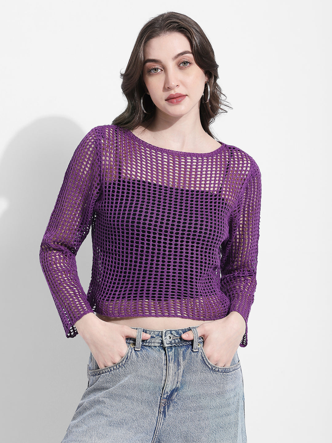Women's Purple Open Knit Crochet Top with Inner
