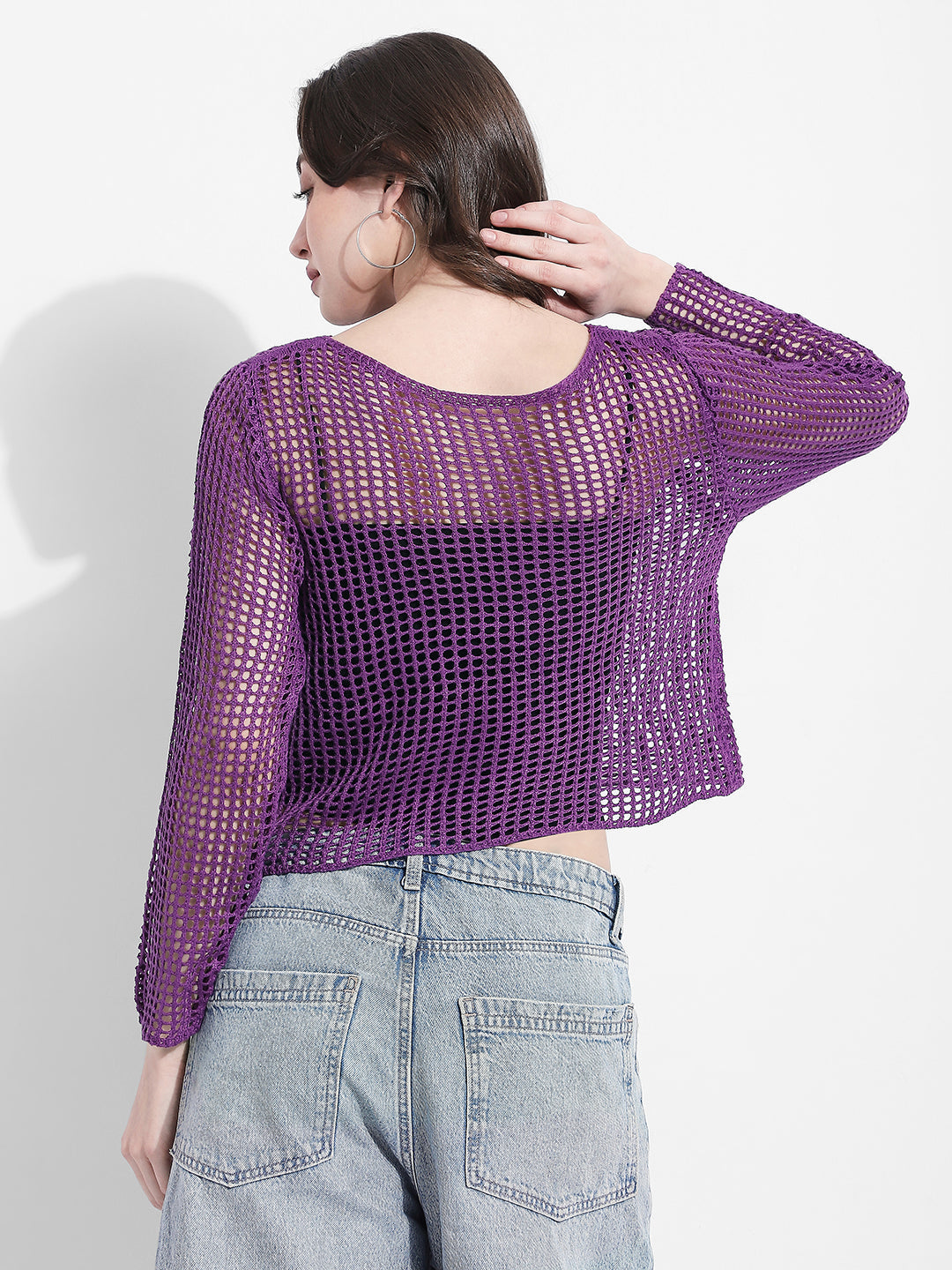 Women's Purple Open Knit Crochet Top with Inner