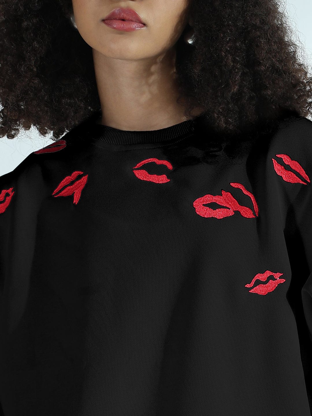 Women's Black Oversized Round Neck Sweatshirt with Kiss Marks