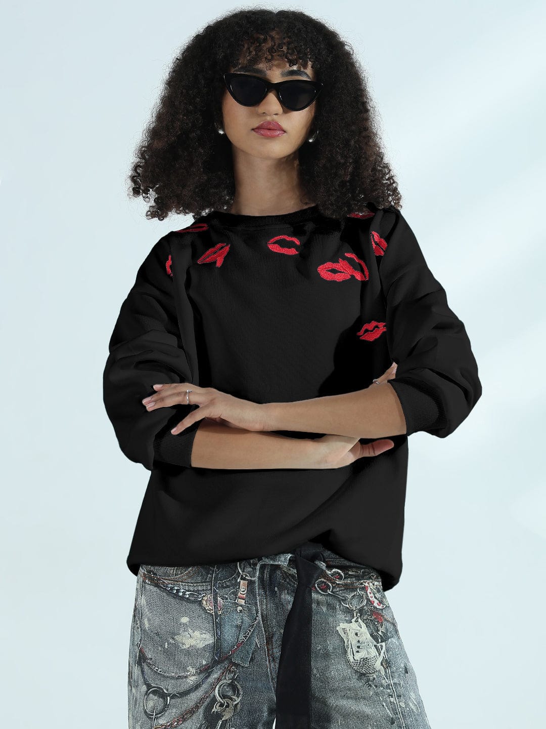 Women's Black Oversized Round Neck Sweatshirt with Kiss Marks