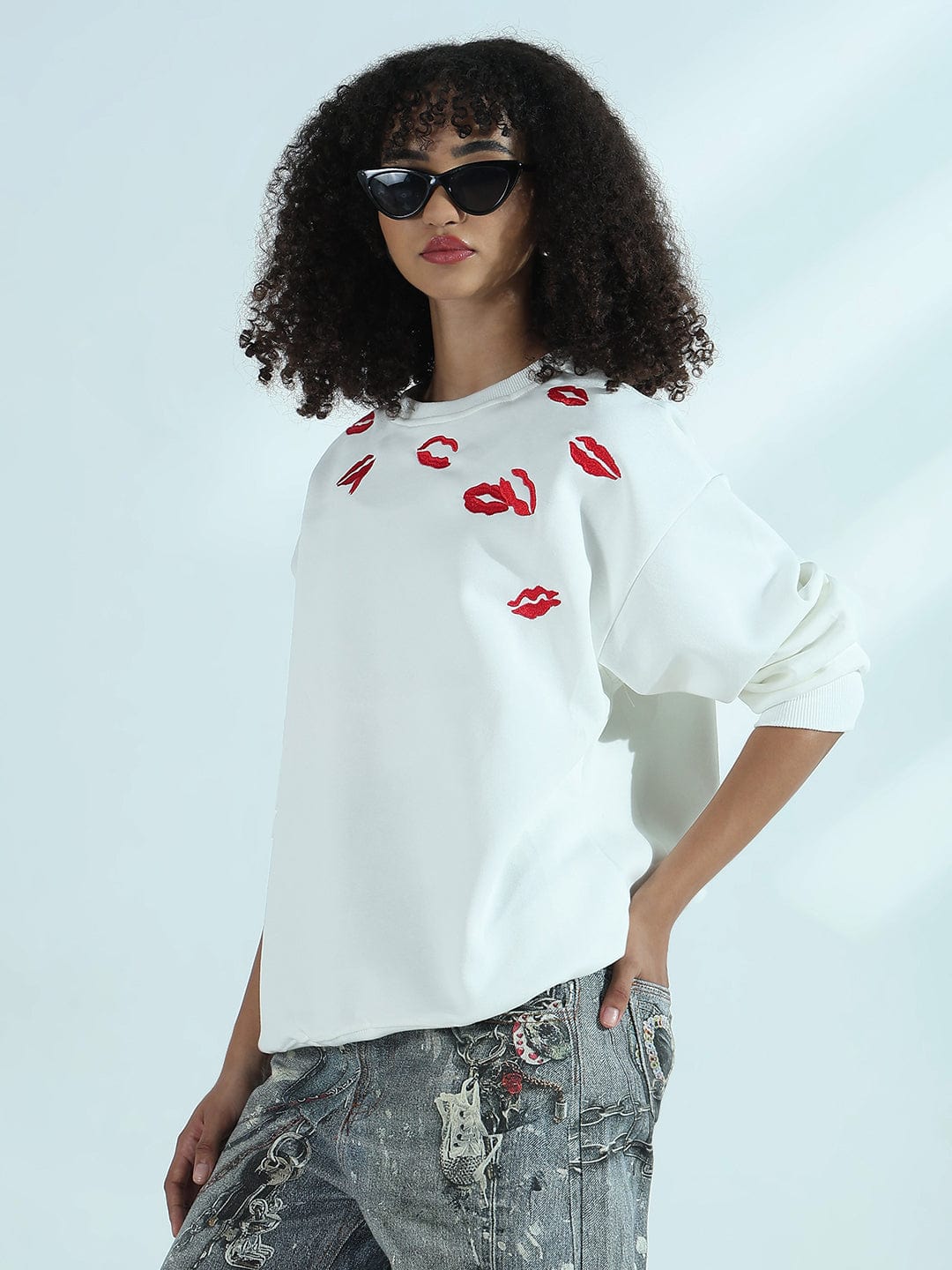Women's White Oversized Round Neck Sweatshirt with Kiss Marks