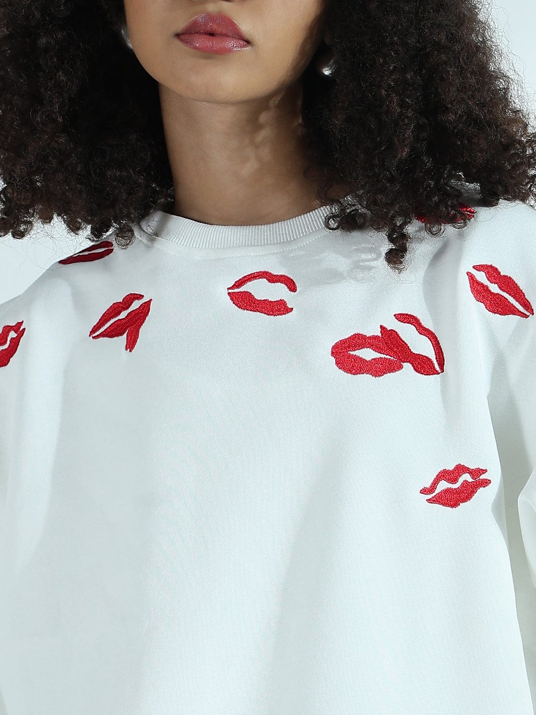 Women's White Oversized Round Neck Sweatshirt with Kiss Marks