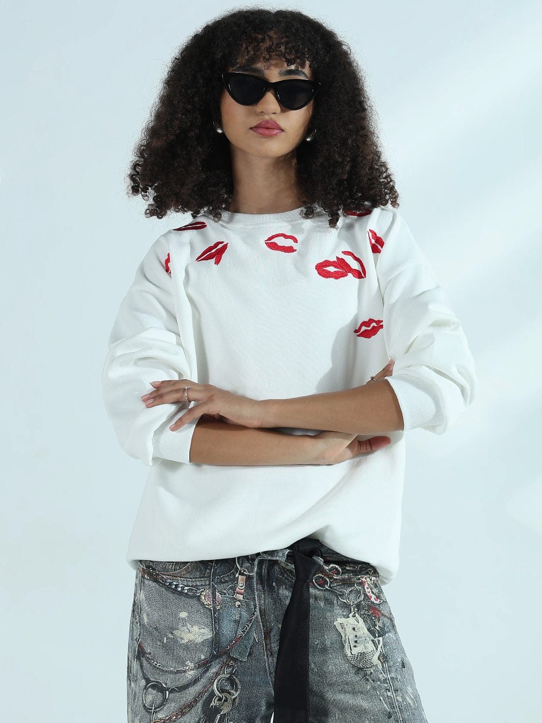 Women's White Oversized Round Neck Sweatshirt with Kiss Marks
