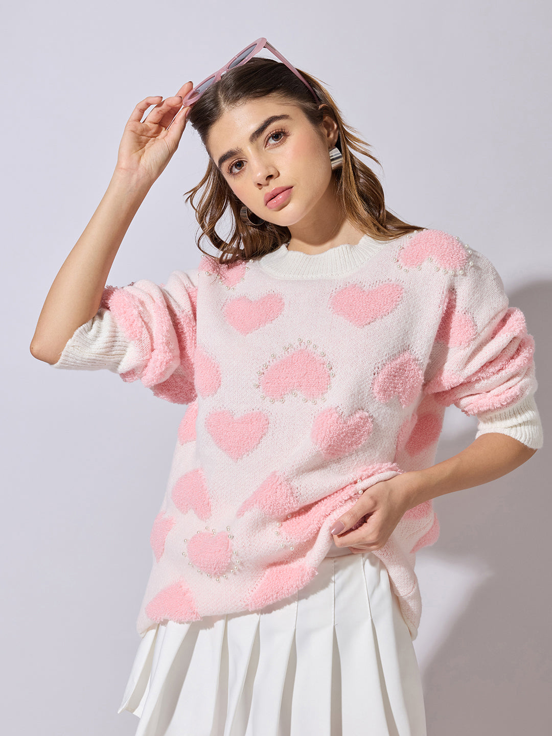 Women's Light Pink Oversized Sweater with Textured Hearts and Pearls