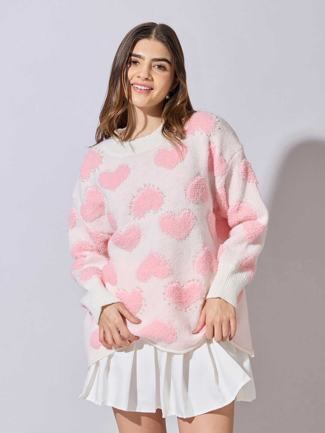 Women's Light Pink Oversized Sweater with Textured Hearts and Pearls