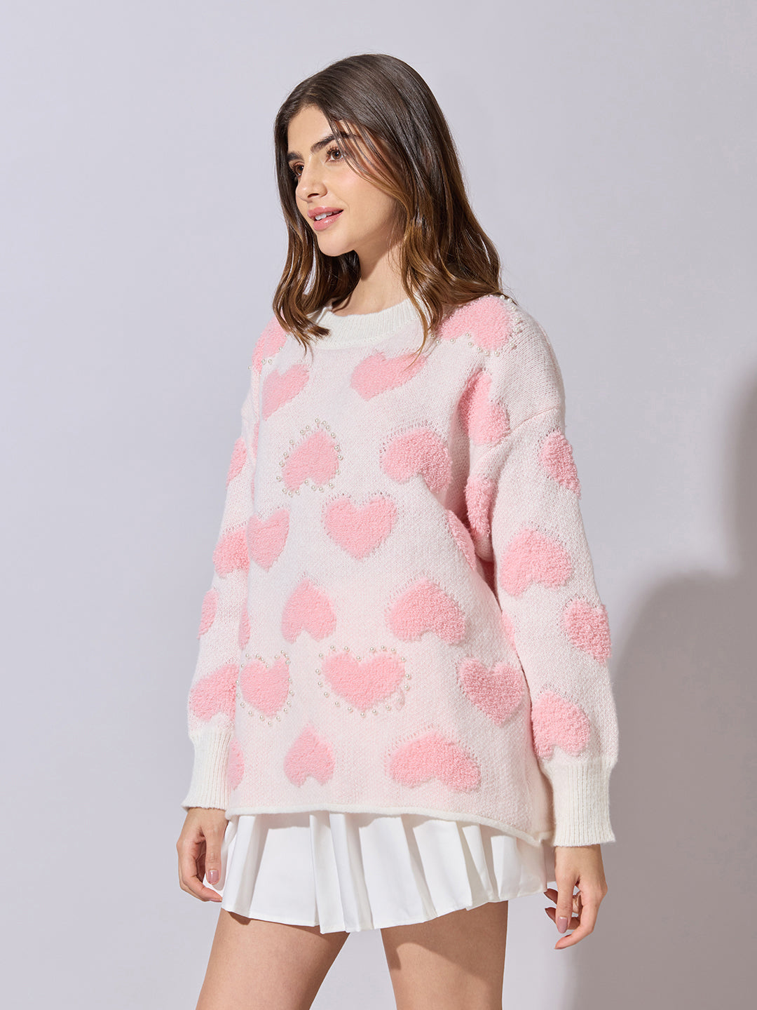 Women's Light Pink Oversized Sweater with Textured Hearts and Pearls