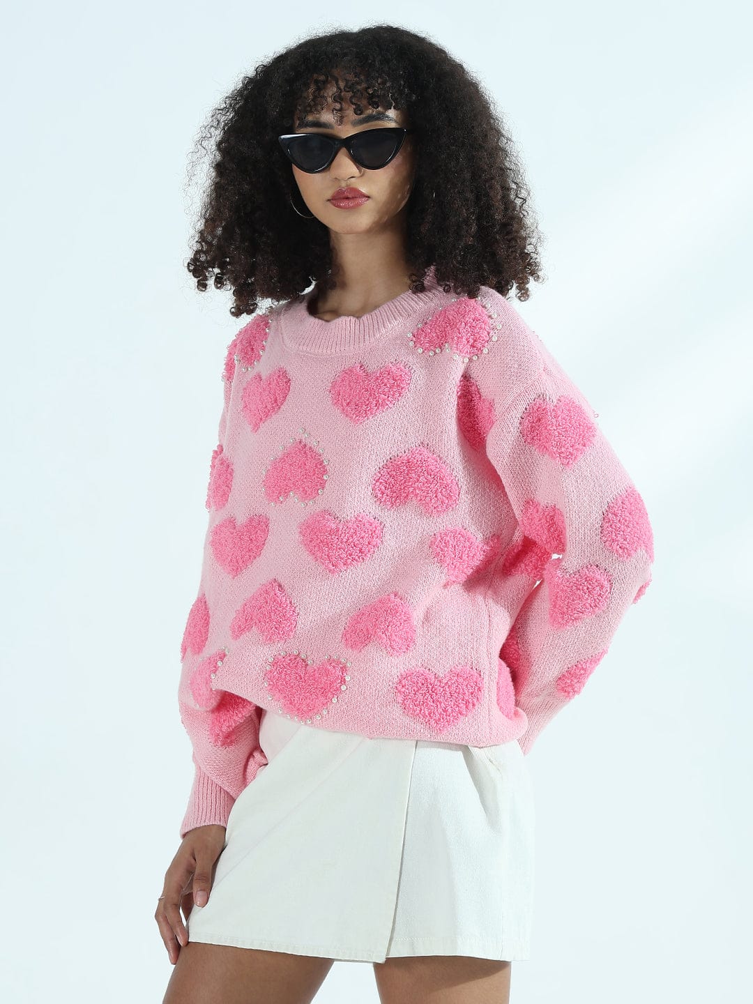 Women's Pink Oversized Sweater with Textured Hearts and Pearls