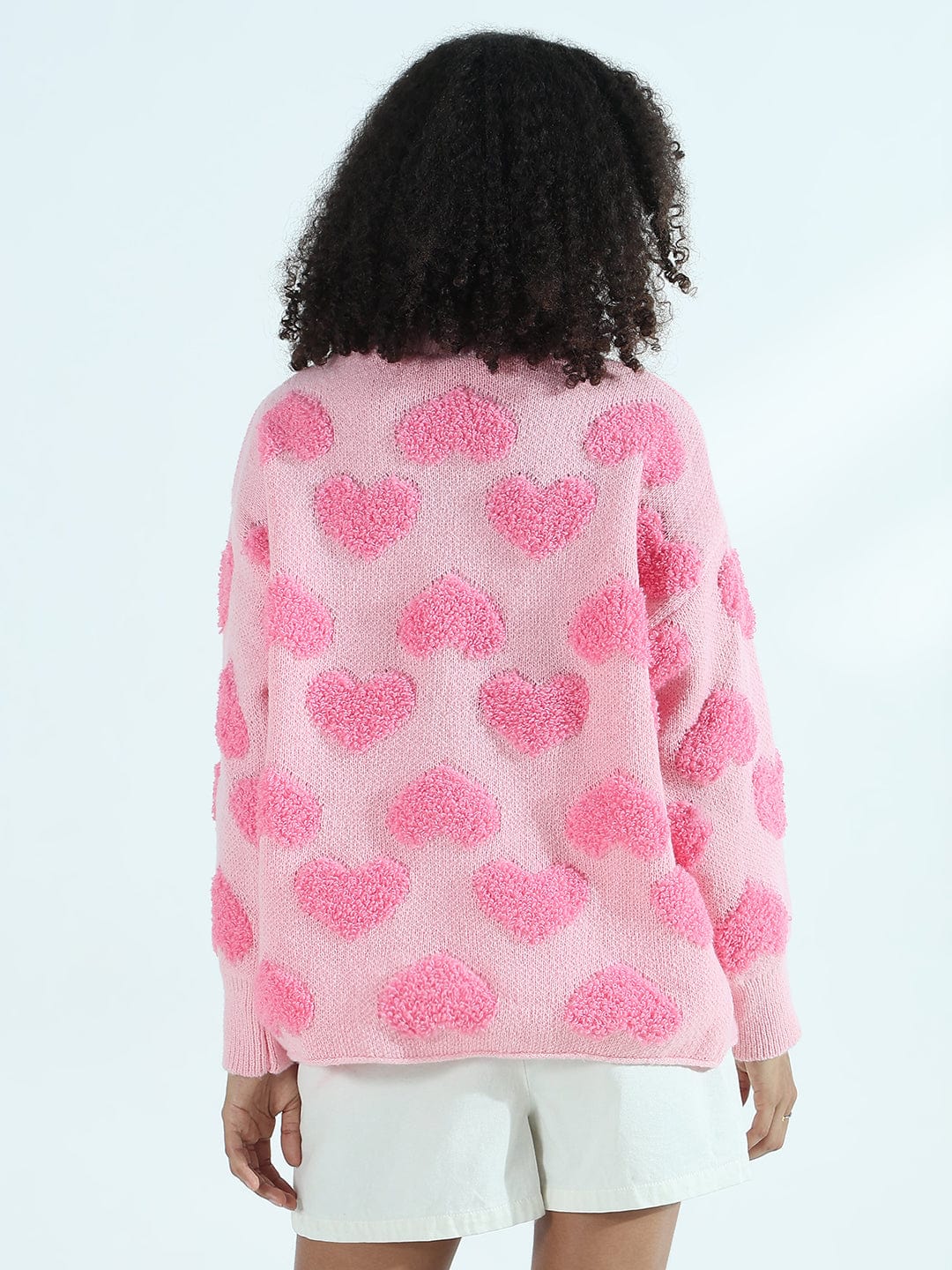 Women's Pink Oversized Sweater with Textured Hearts and Pearls
