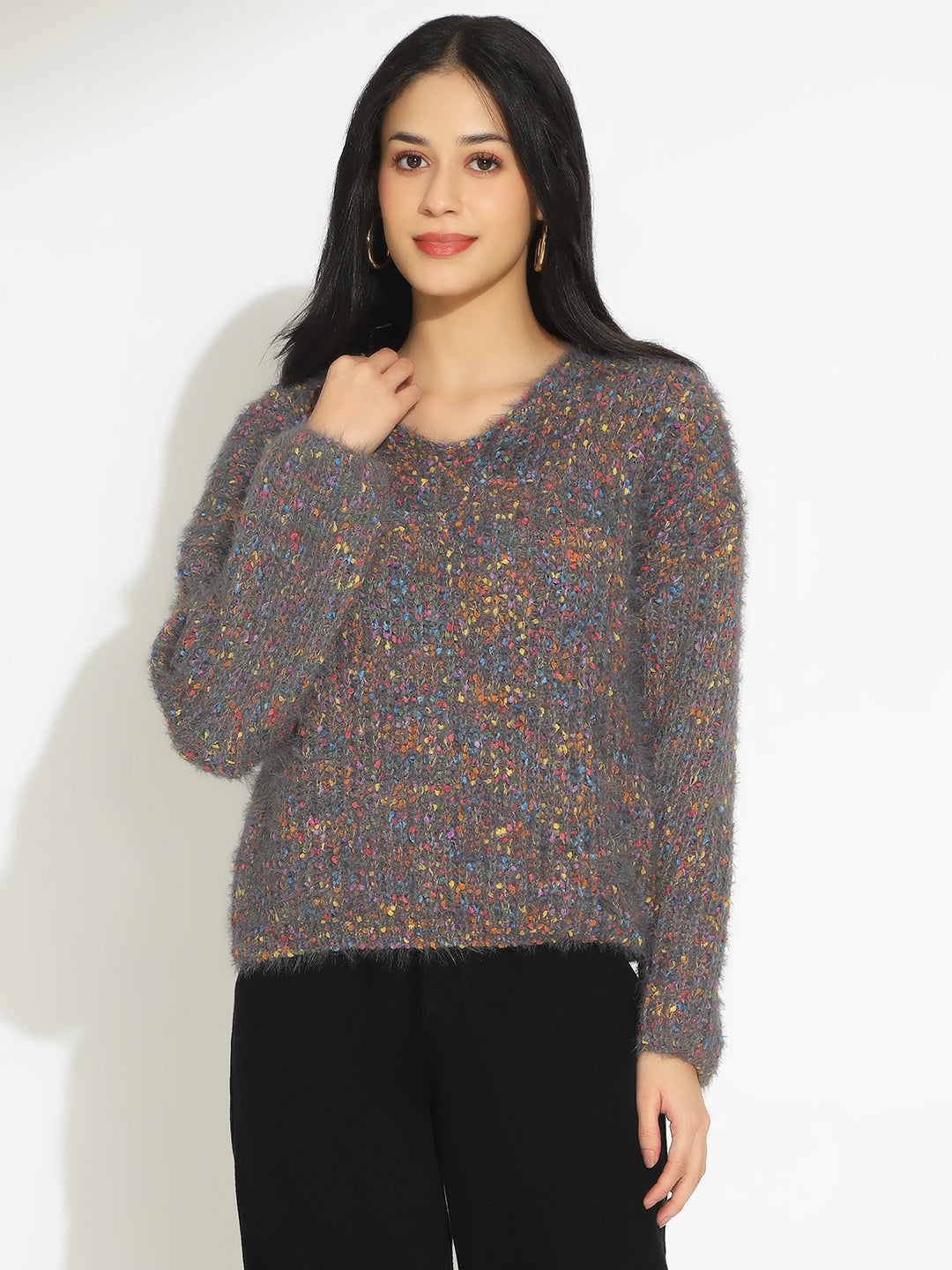 Women's Textured Grey Fuzzy Knit Pullover Sweater