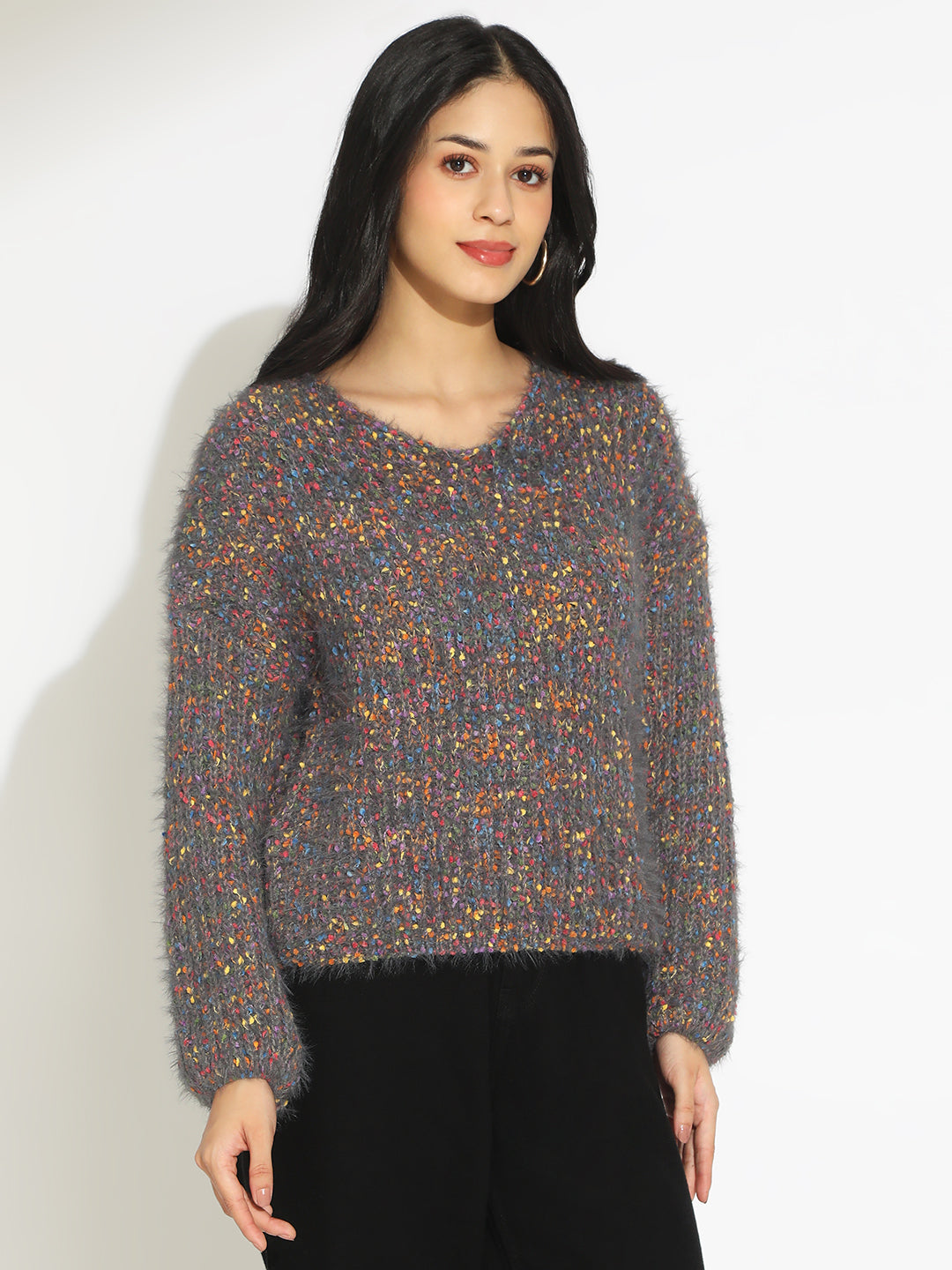 Women's Textured Grey Fuzzy Knit Pullover Sweater