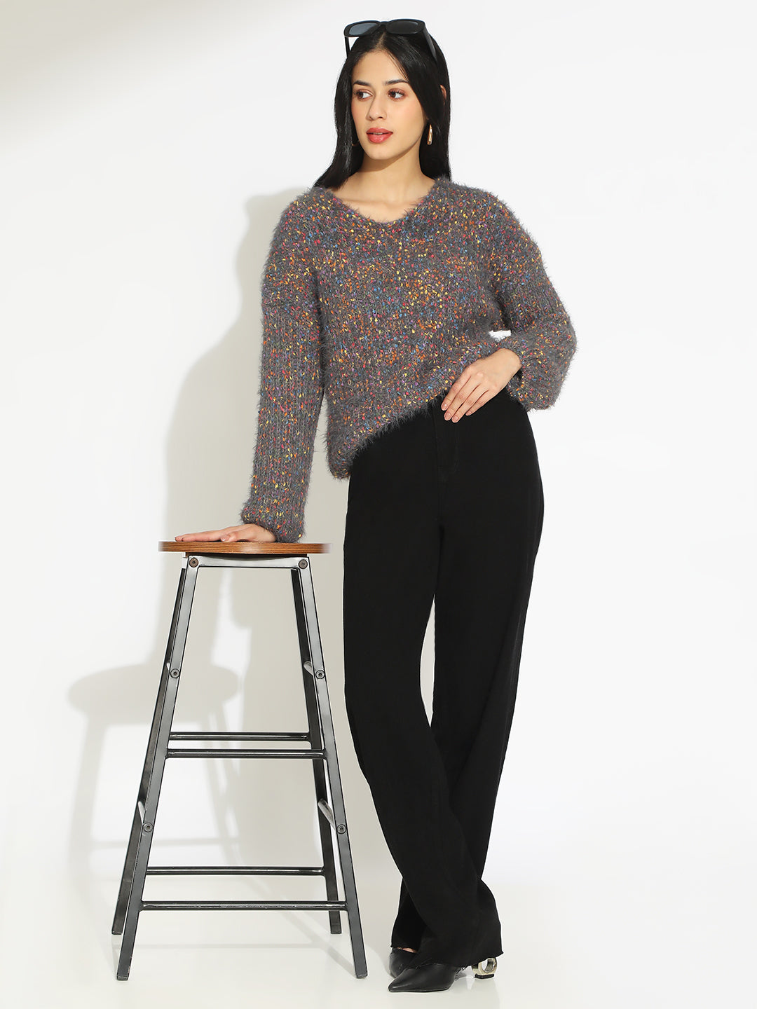 Women's Textured Grey Fuzzy Knit Pullover Sweater