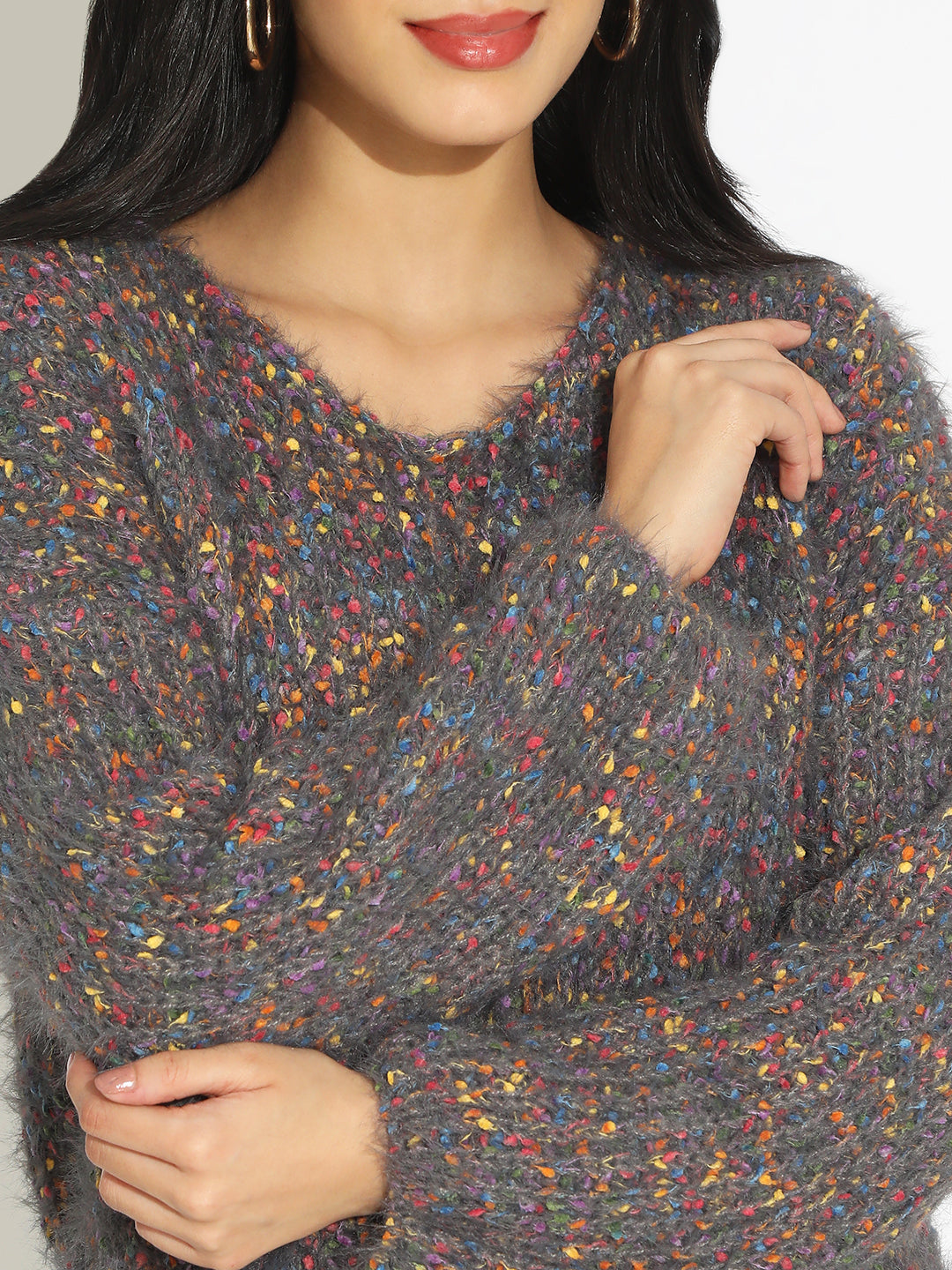 Women's Textured Grey Fuzzy Knit Pullover Sweater