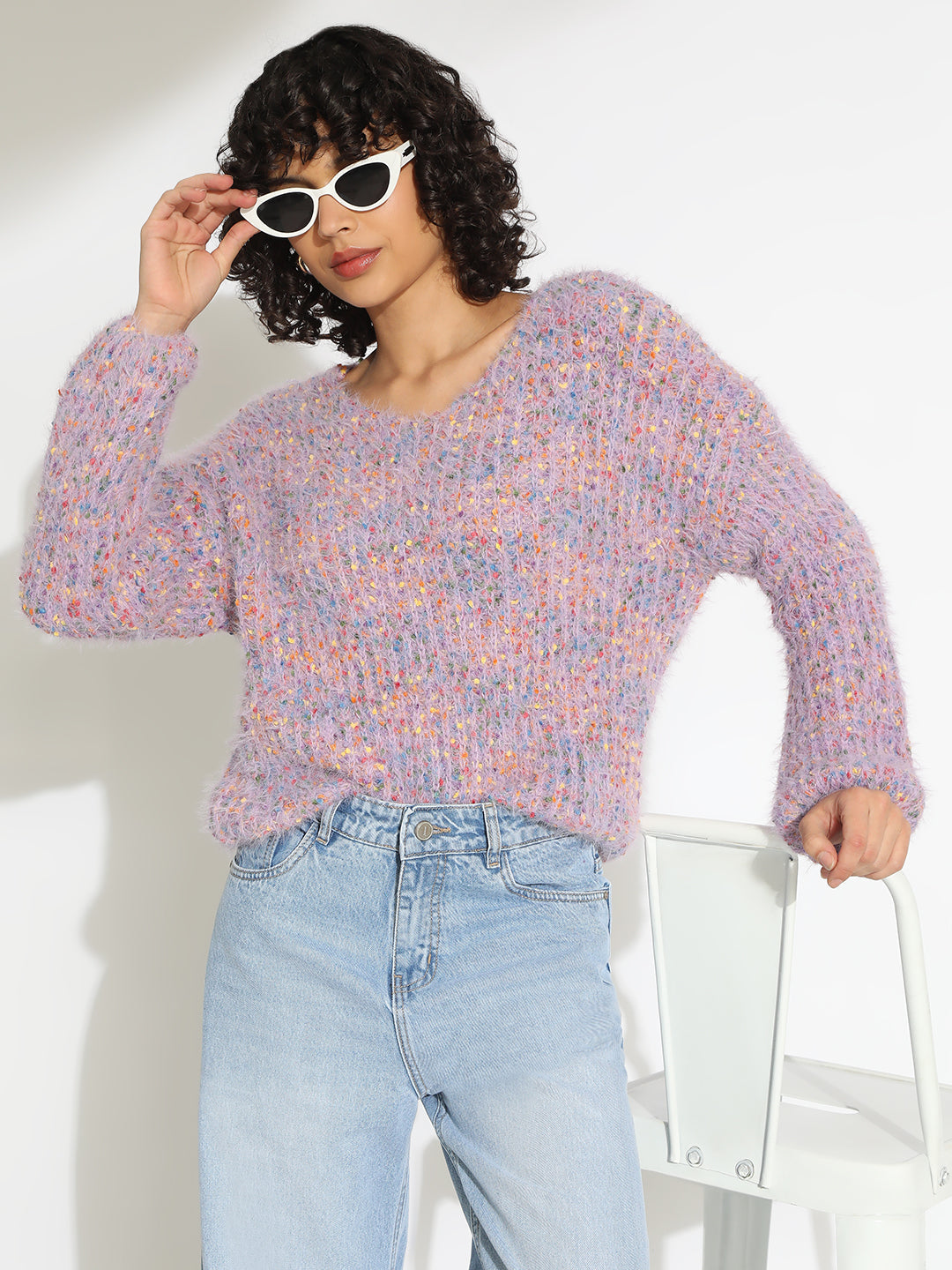 Women's Textured Purple Fuzzy Knit Pullover Sweater