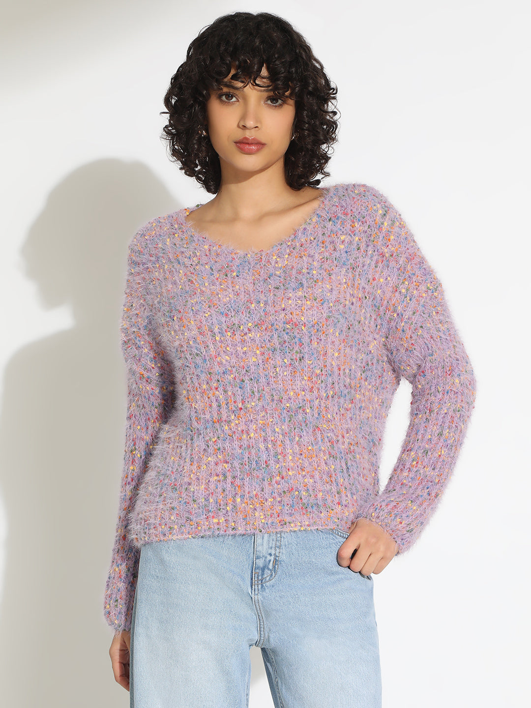 Women's Textured Purple Fuzzy Knit Pullover Sweater