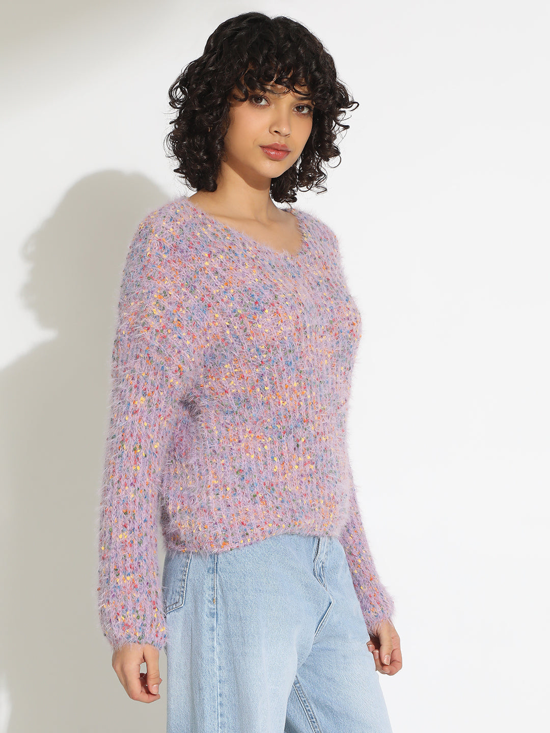 Women's Textured Purple Fuzzy Knit Pullover Sweater