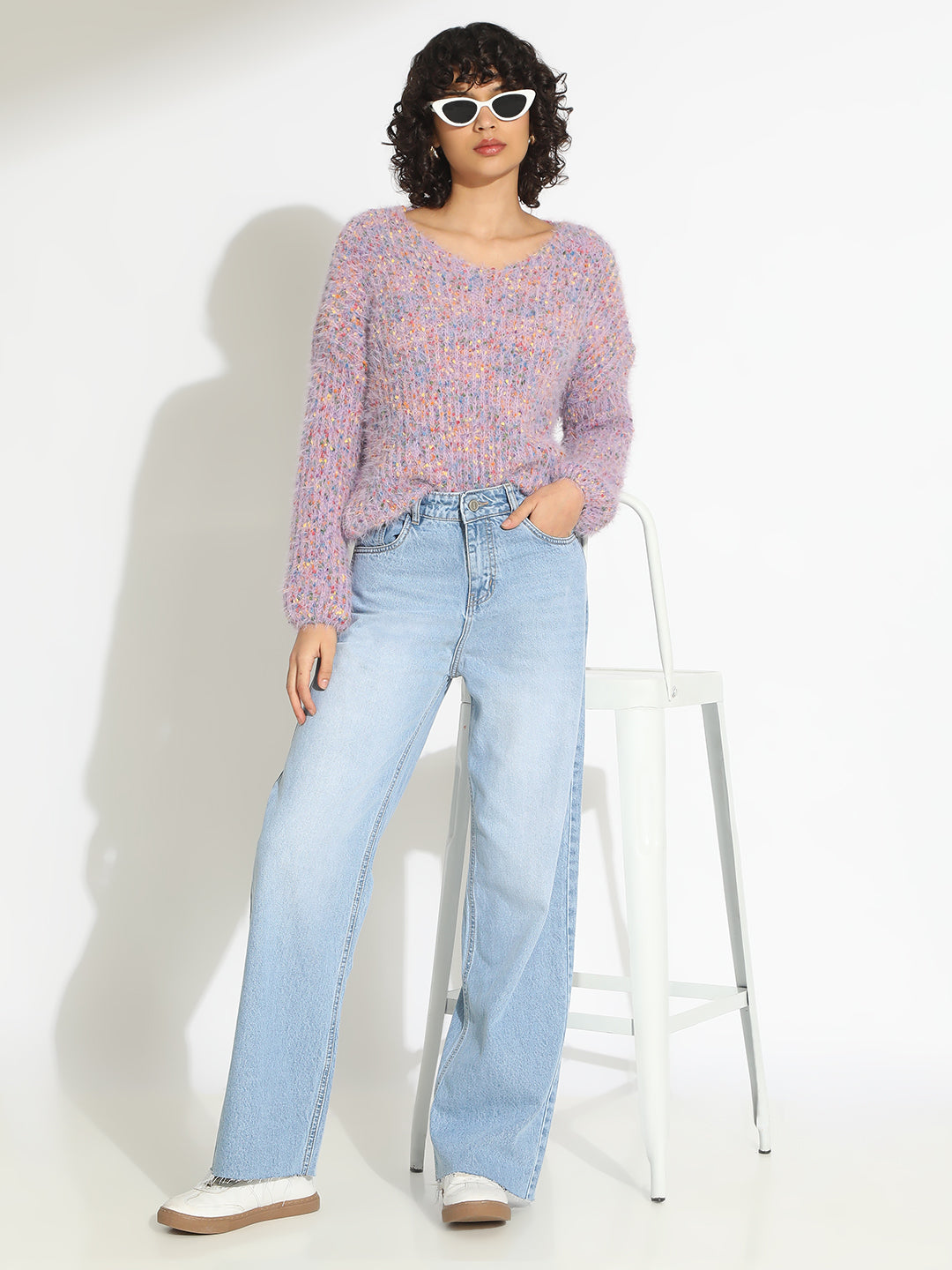 Women's Textured Purple Fuzzy Knit Pullover Sweater