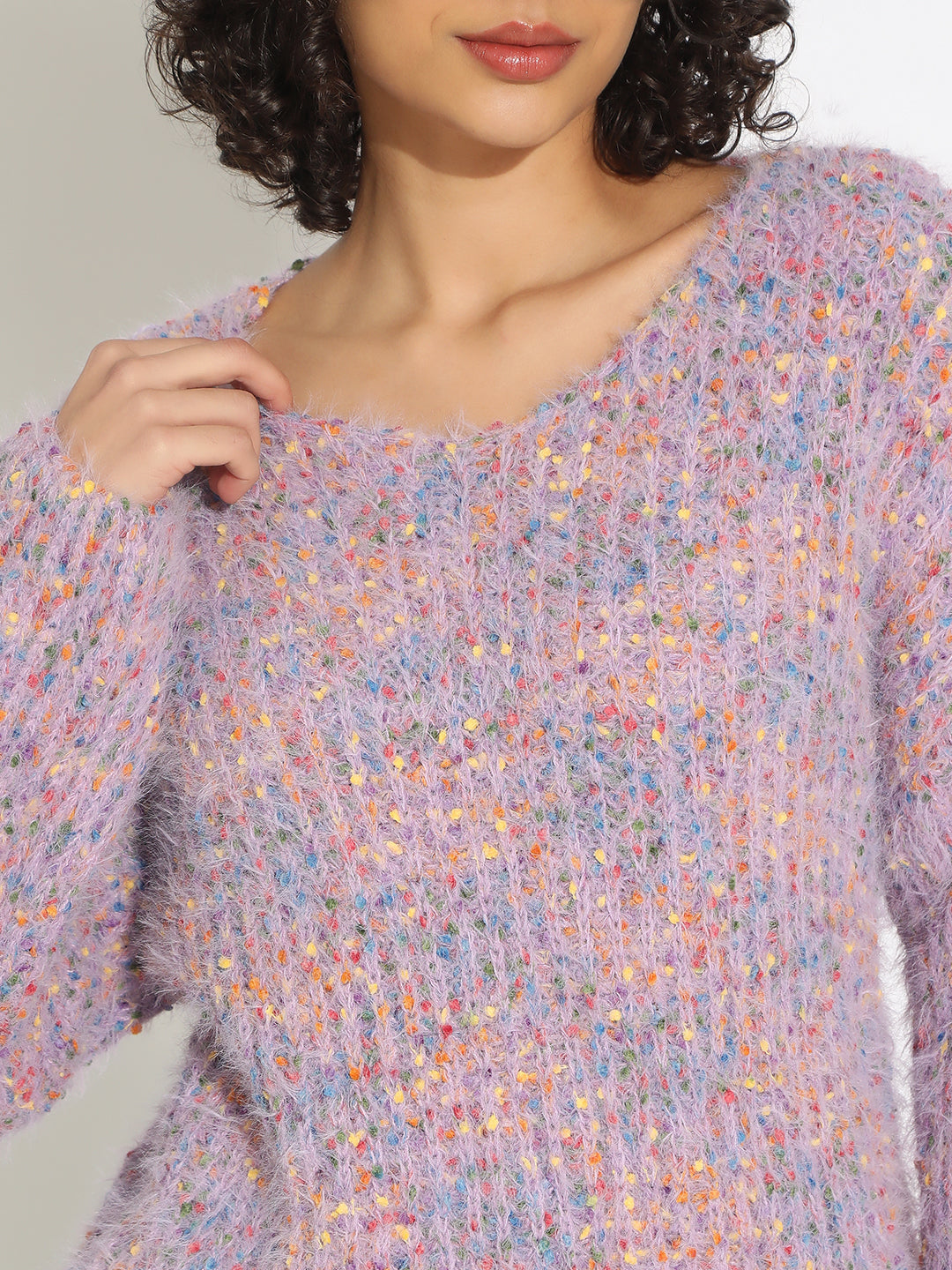 Women's Textured Purple Fuzzy Knit Pullover Sweater