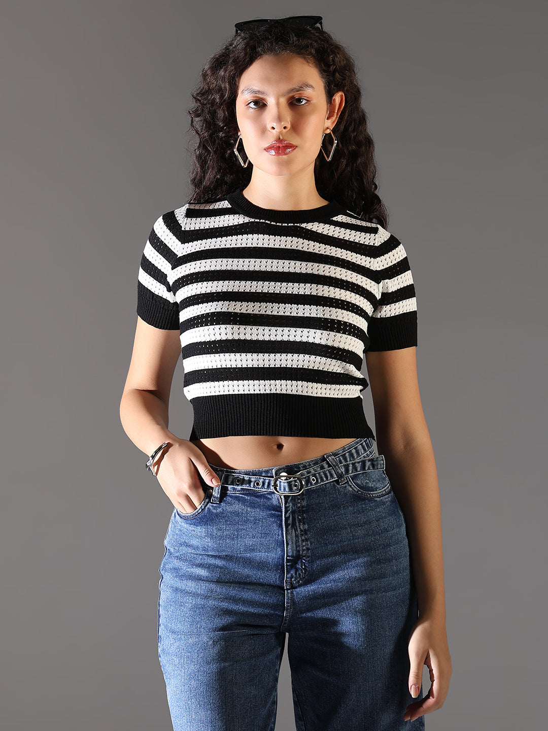 Women Black Striped Crop Top