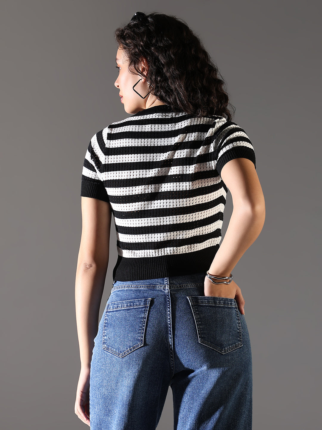 Women Black Striped Crop Top