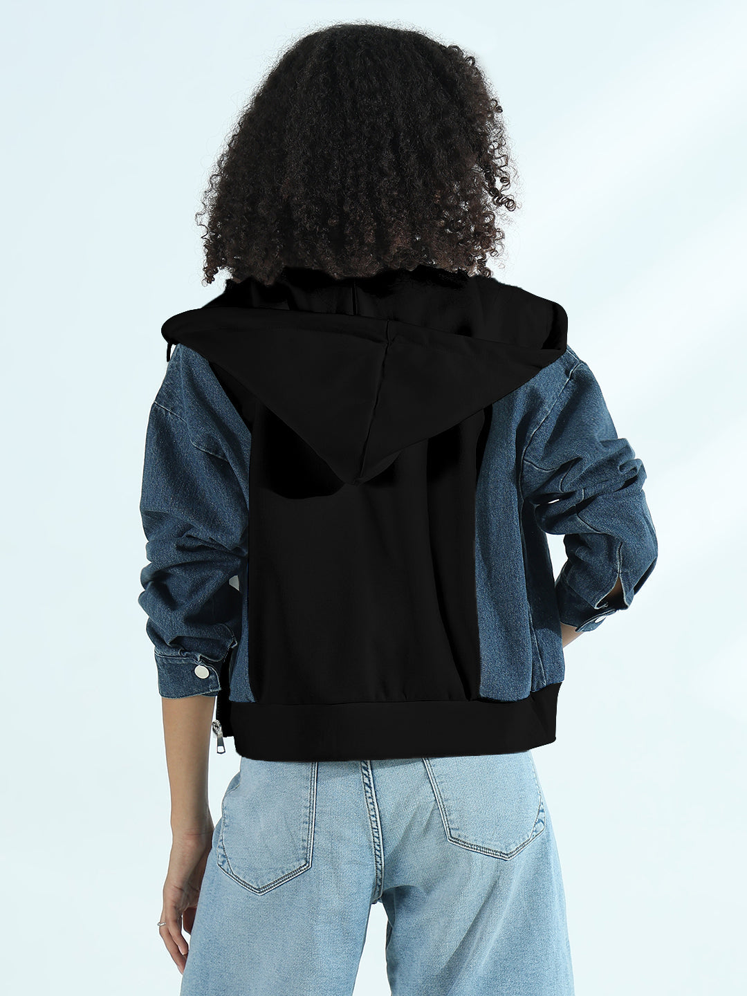 Women's Panel Blue and White Cropped Denim Hoodie Jacket
