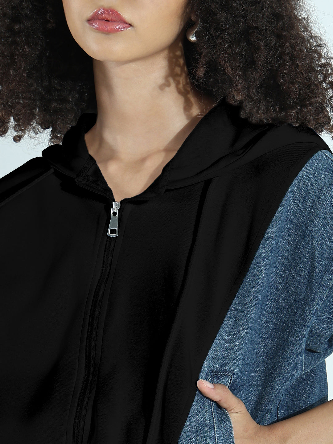 Women's Panel Blue and White Cropped Denim Hoodie Jacket