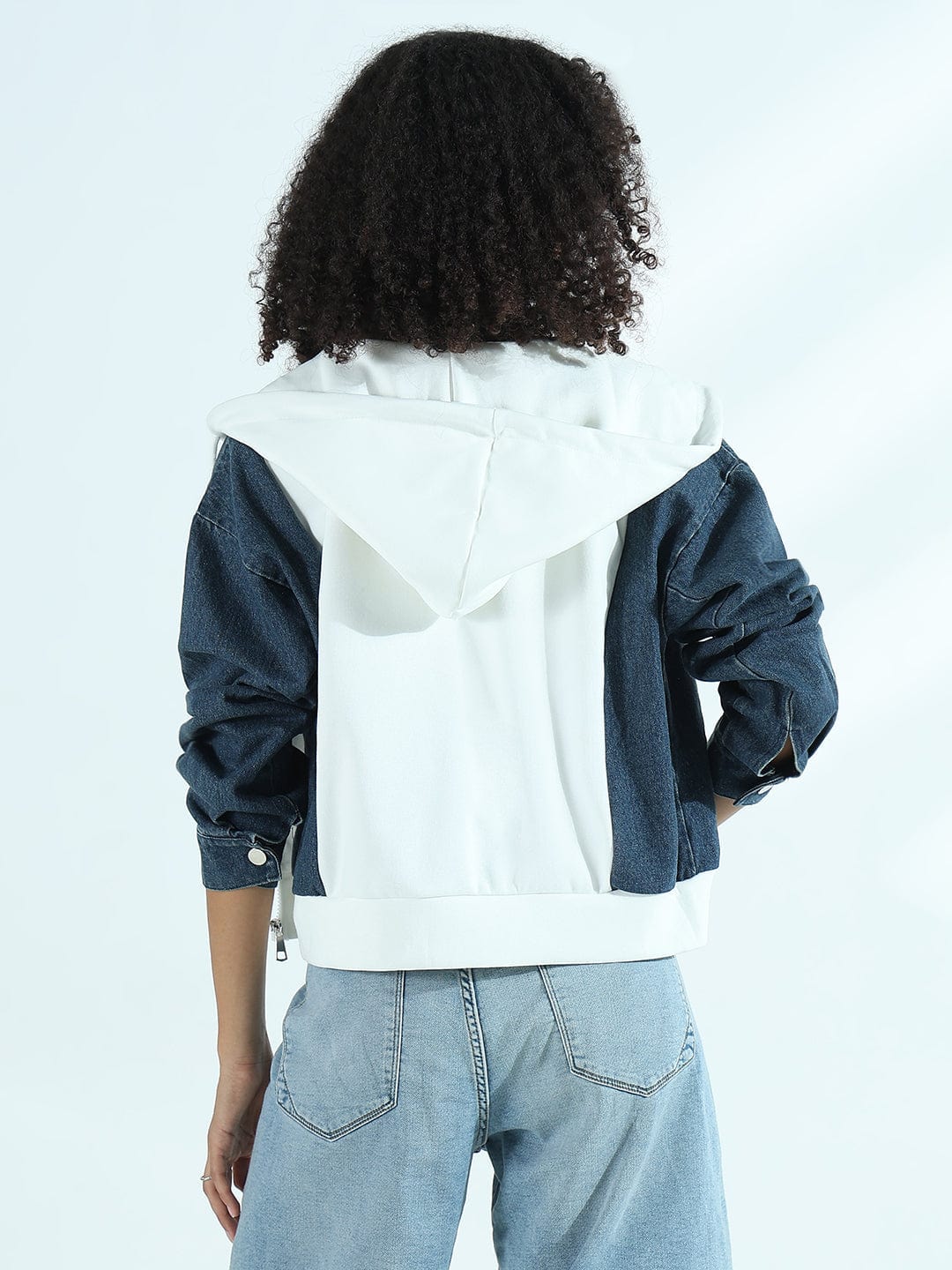 Women's White and Denim Zip-Up Hoodie Jacket