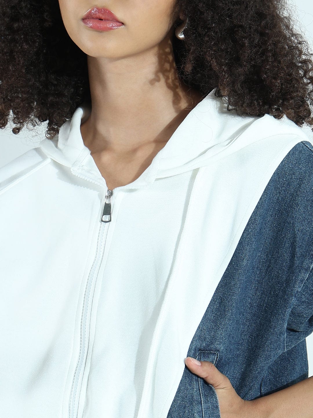 Women's White and Denim Zip-Up Hoodie Jacket