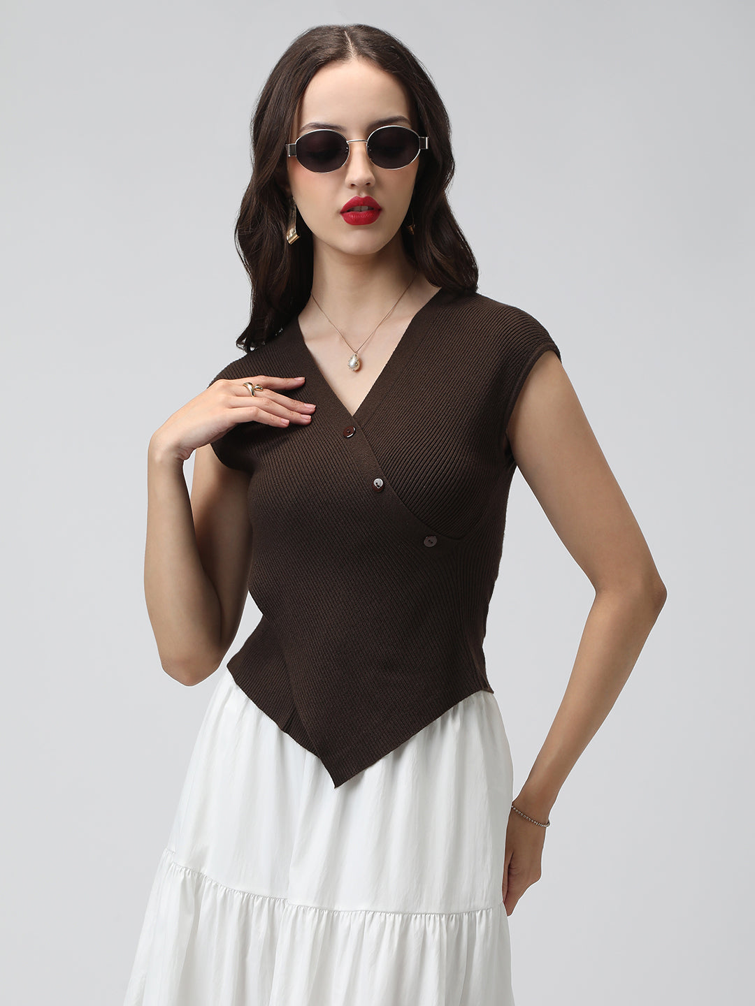 Women's Coffee Brown Ribbed Asymmetric Hem Knit Top with Wrap Button Design