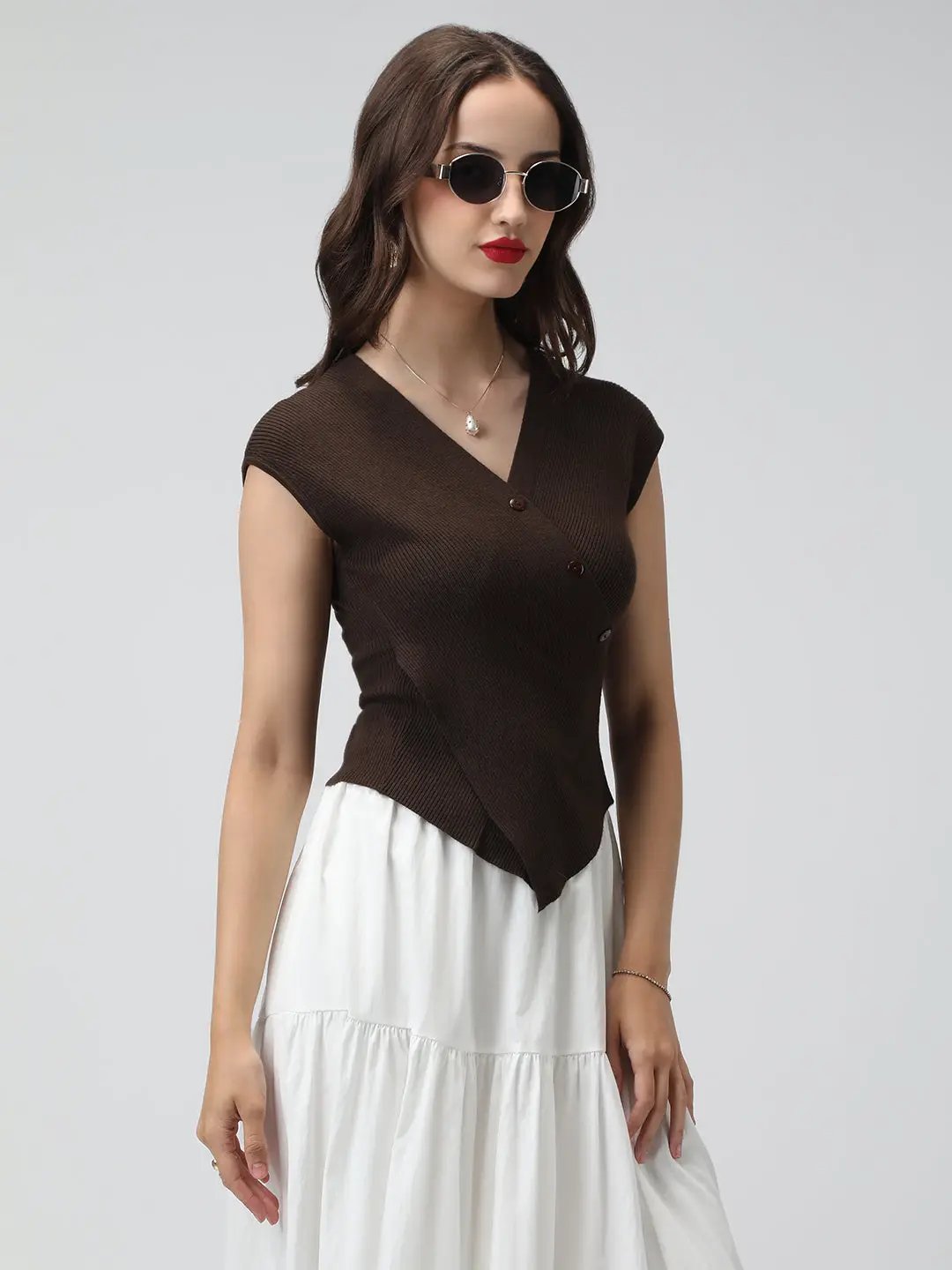 Women's Coffee Brown Ribbed Asymmetric Hem Knit Top with Wrap Button Design - from SHOWOFFFF