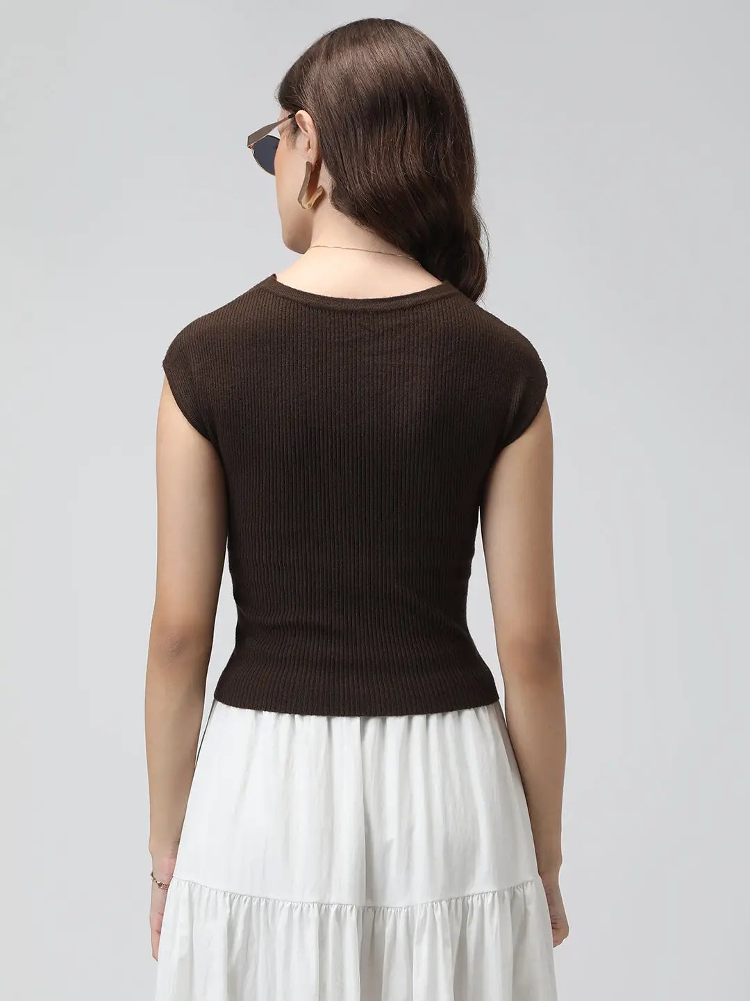 Women's Coffee Brown Ribbed Asymmetric Hem Knit Top with Wrap Button Design - from SHOWOFFFF