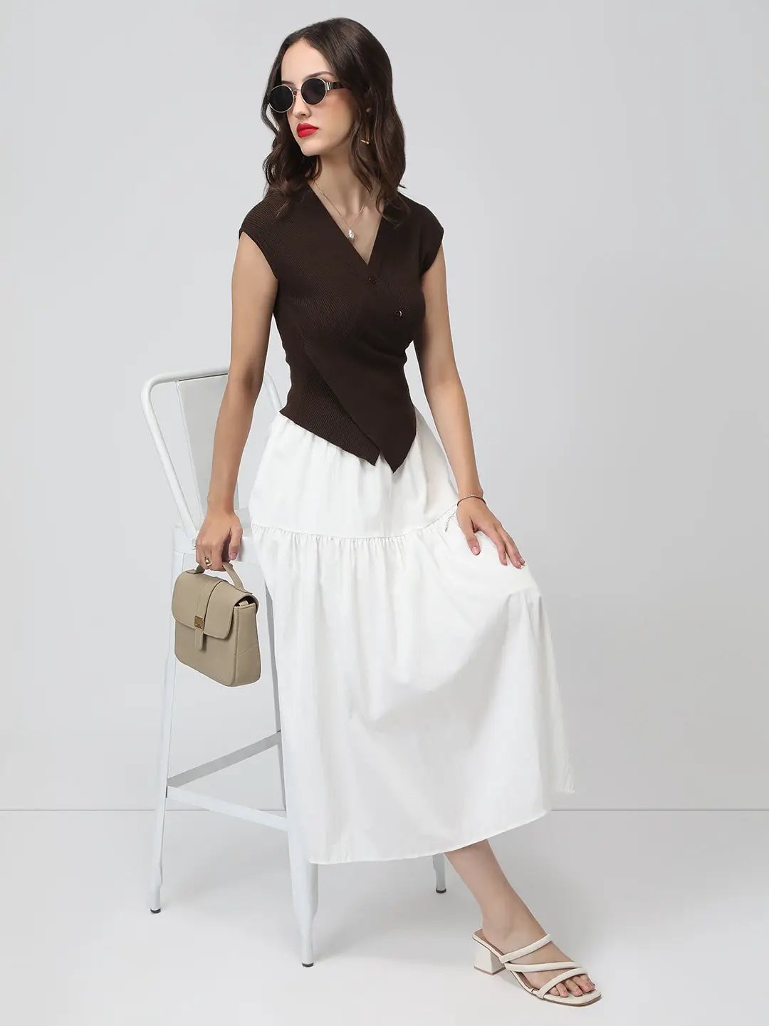 Women's Coffee Brown Ribbed Asymmetric Hem Knit Top with Wrap Button Design - from SHOWOFFFF