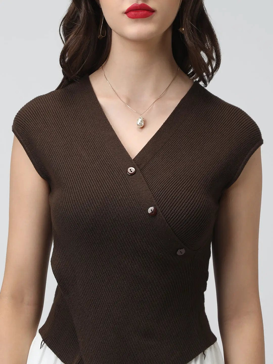 Women's Coffee Brown Ribbed Asymmetric Hem Knit Top with Wrap Button Design - from SHOWOFFFF