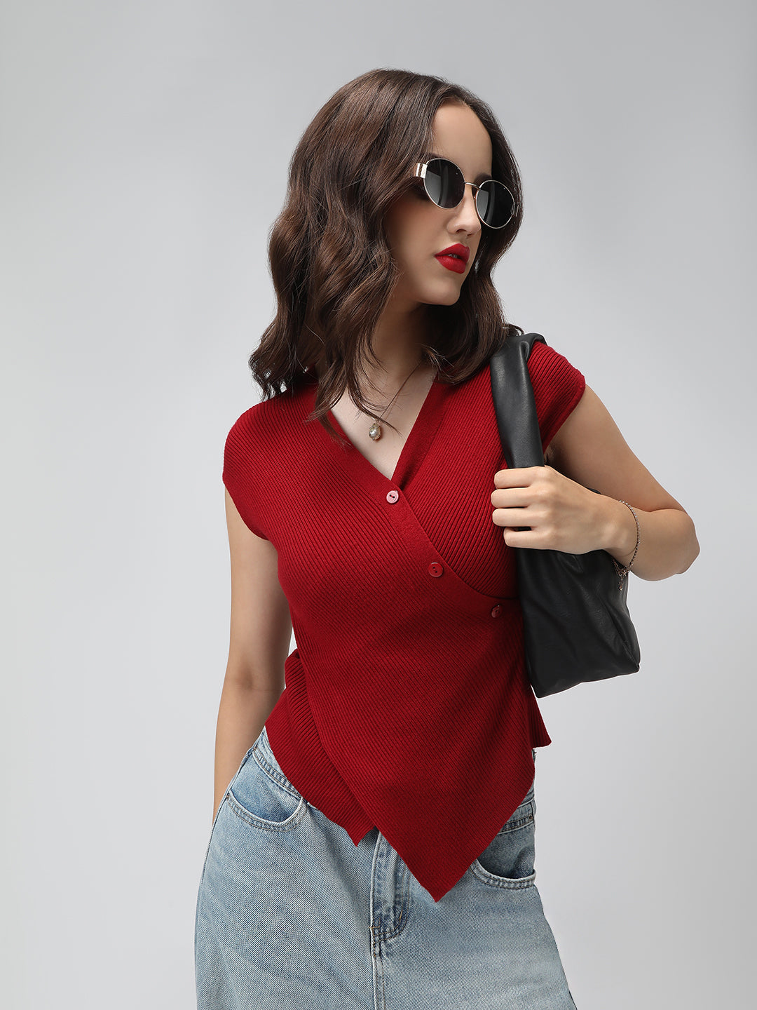 Women's Red Ribbed Asymmetric Hem Knit Top with Wrap Button Design
