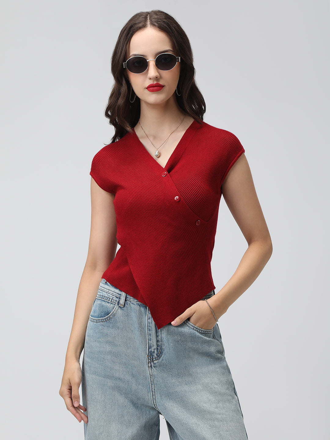 Women's Red Ribbed Asymmetric Hem Knit Top with Wrap Button Design