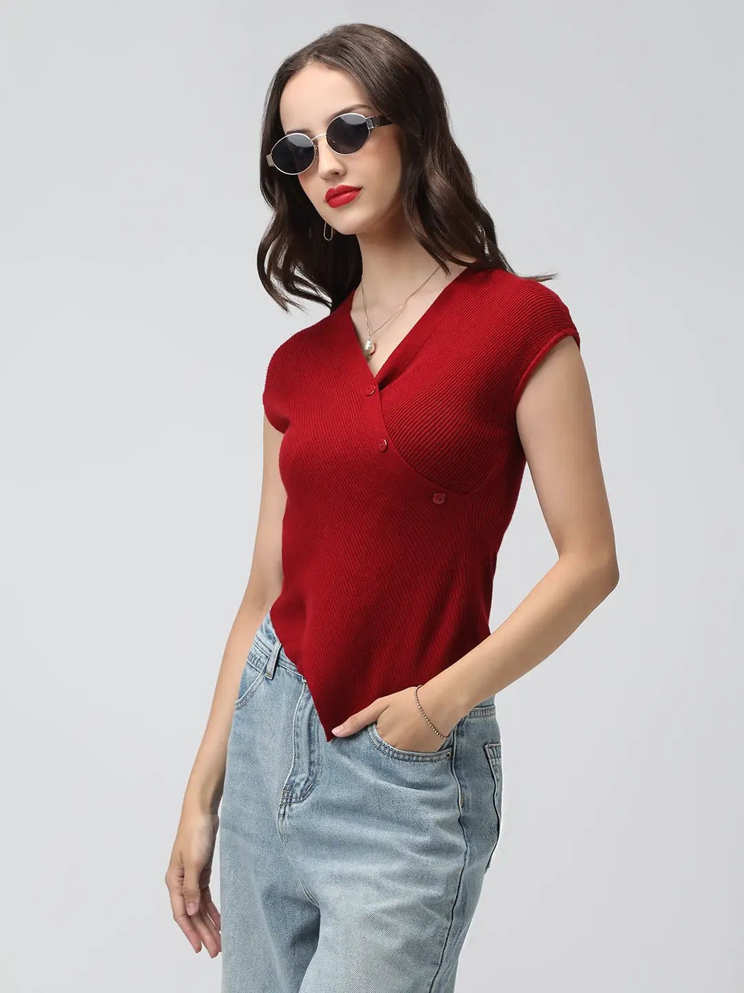 Women's Red Ribbed Asymmetric Hem Knit Top with Wrap Button Design - from SHOWOFFFF