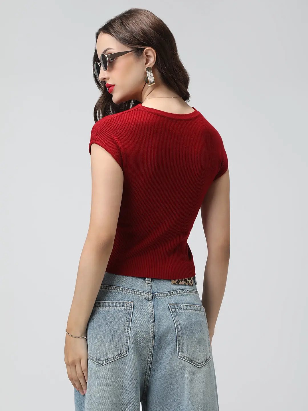 Women's Red Ribbed Asymmetric Hem Knit Top with Wrap Button Design - from SHOWOFFFF