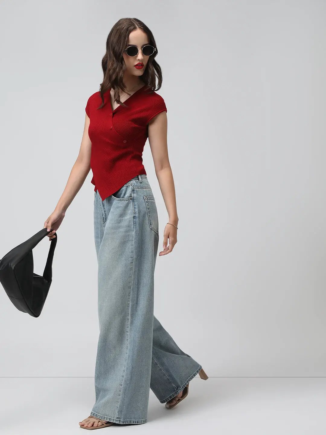 Women's Red Ribbed Asymmetric Hem Knit Top with Wrap Button Design - from SHOWOFFFF