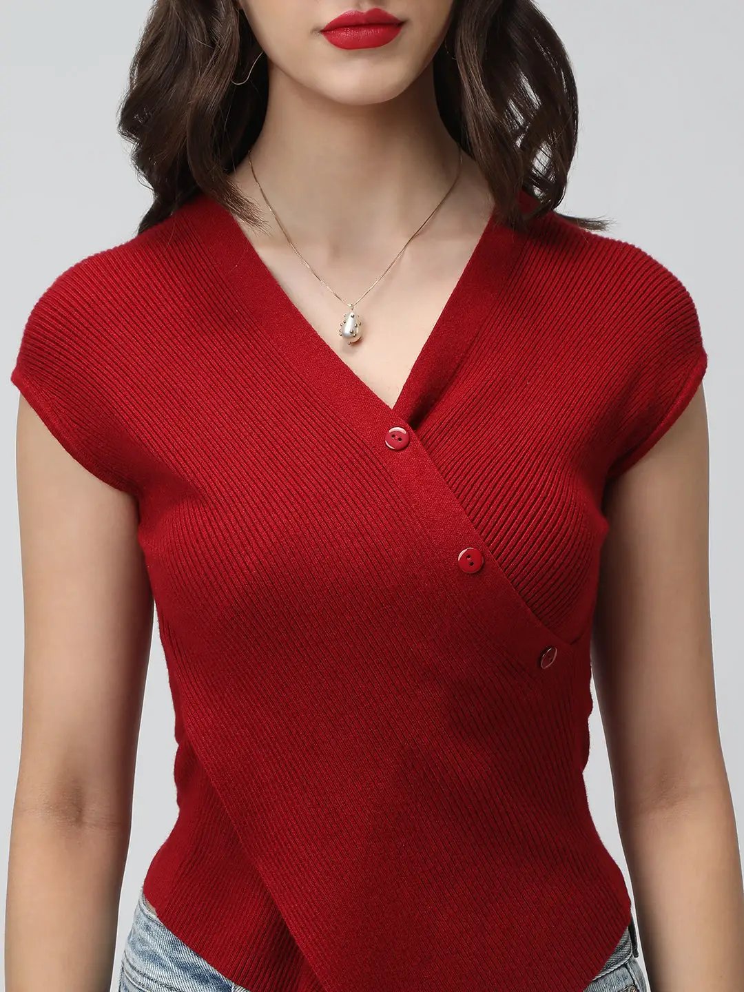 Women's Red Ribbed Asymmetric Hem Knit Top with Wrap Button Design - from SHOWOFFFF