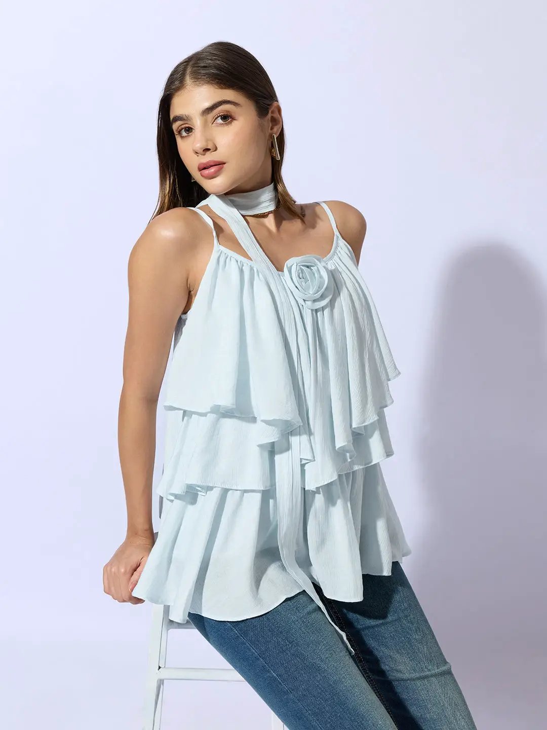 Women's Blue Layered Ruffle Top with Scarf Tie