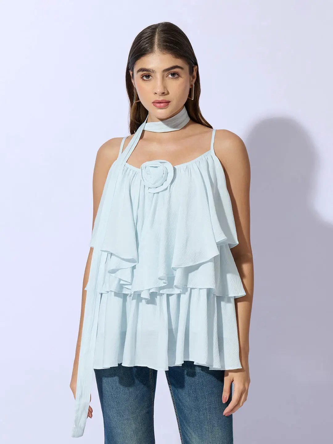 Women's Blue Layered Ruffle Top with Scarf Tie