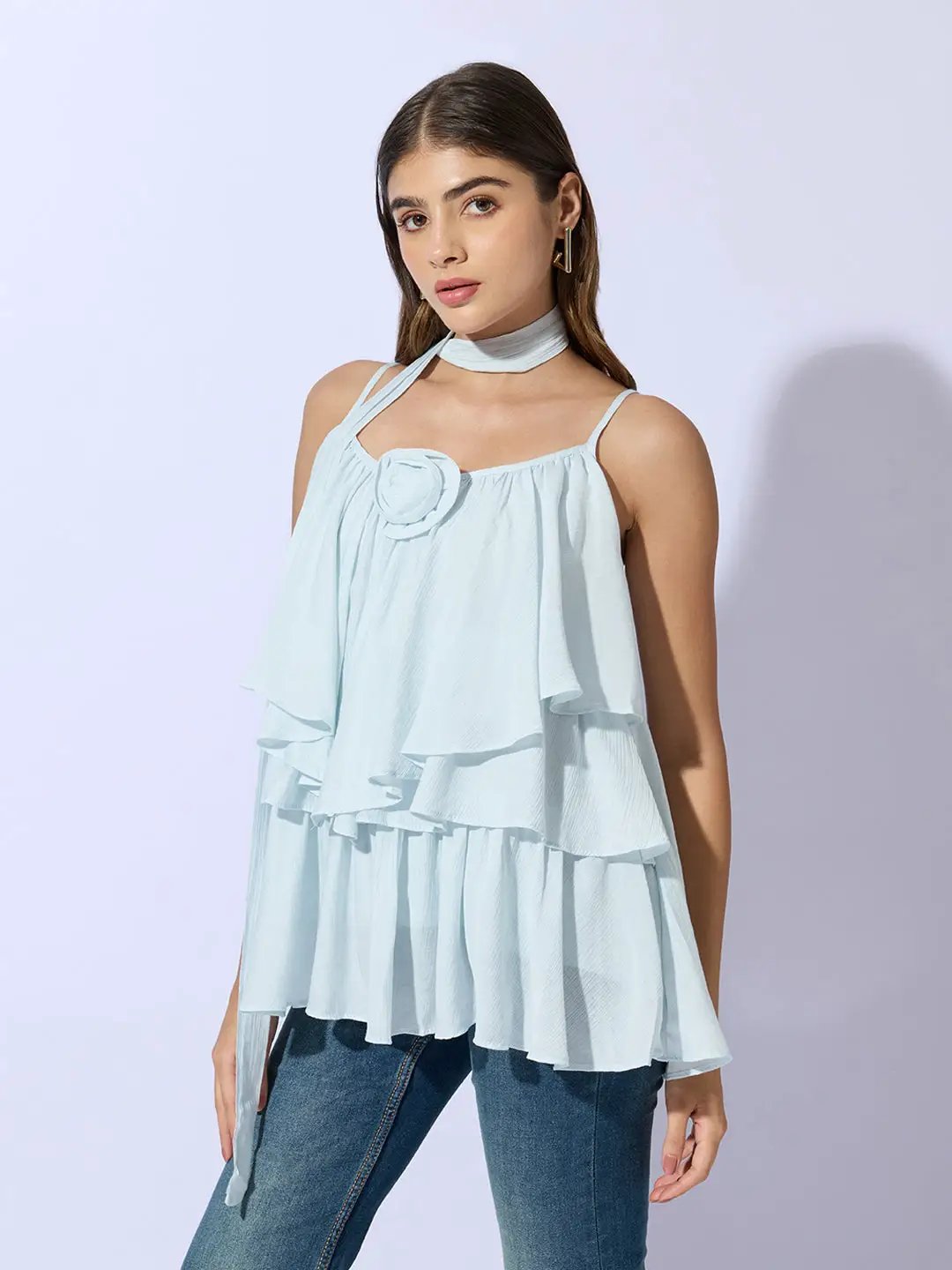 Women's Blue Layered Ruffle Top with Scarf Tie