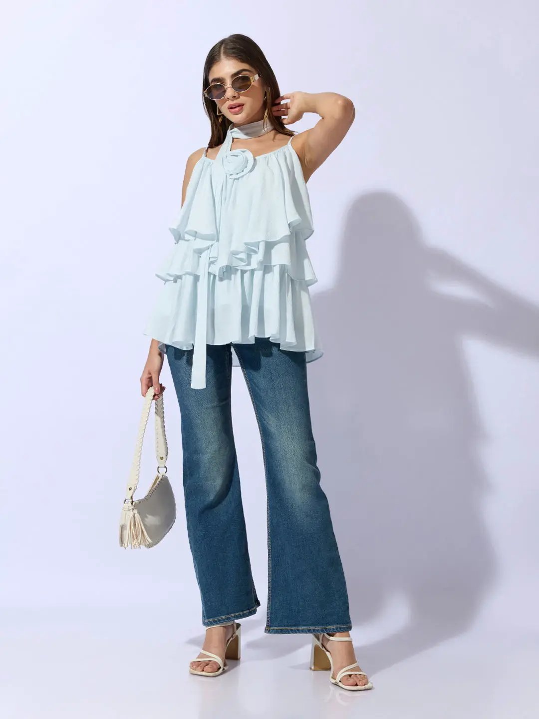Women's Blue Layered Ruffle Top with Scarf Tie