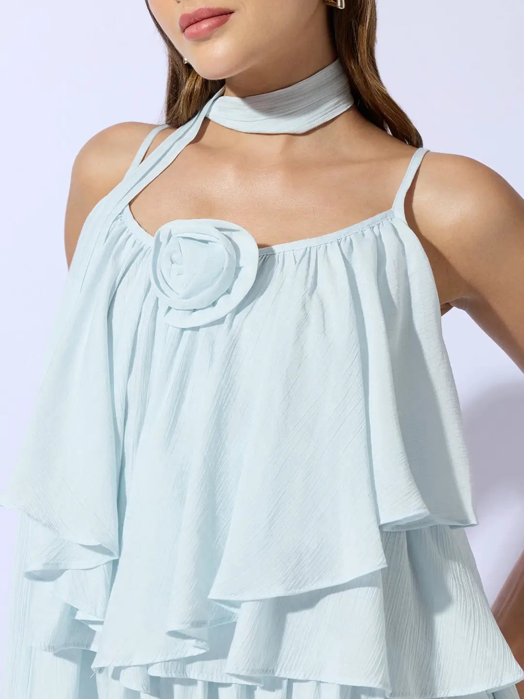 Women's Blue Layered Ruffle Top with Scarf Tie