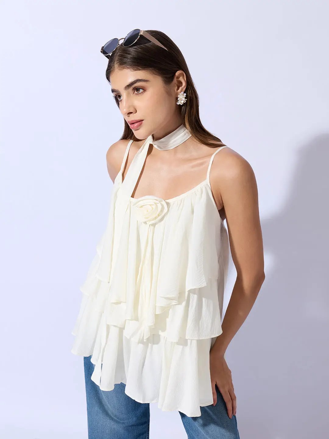 Women's Cream Layered Ruffle Top with Scarf Tie