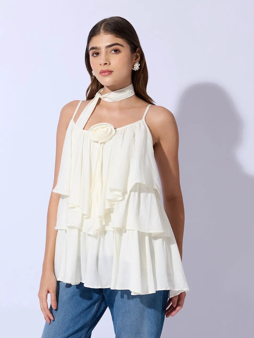 Women's Cream Layered Ruffle Top with Scarf Tie