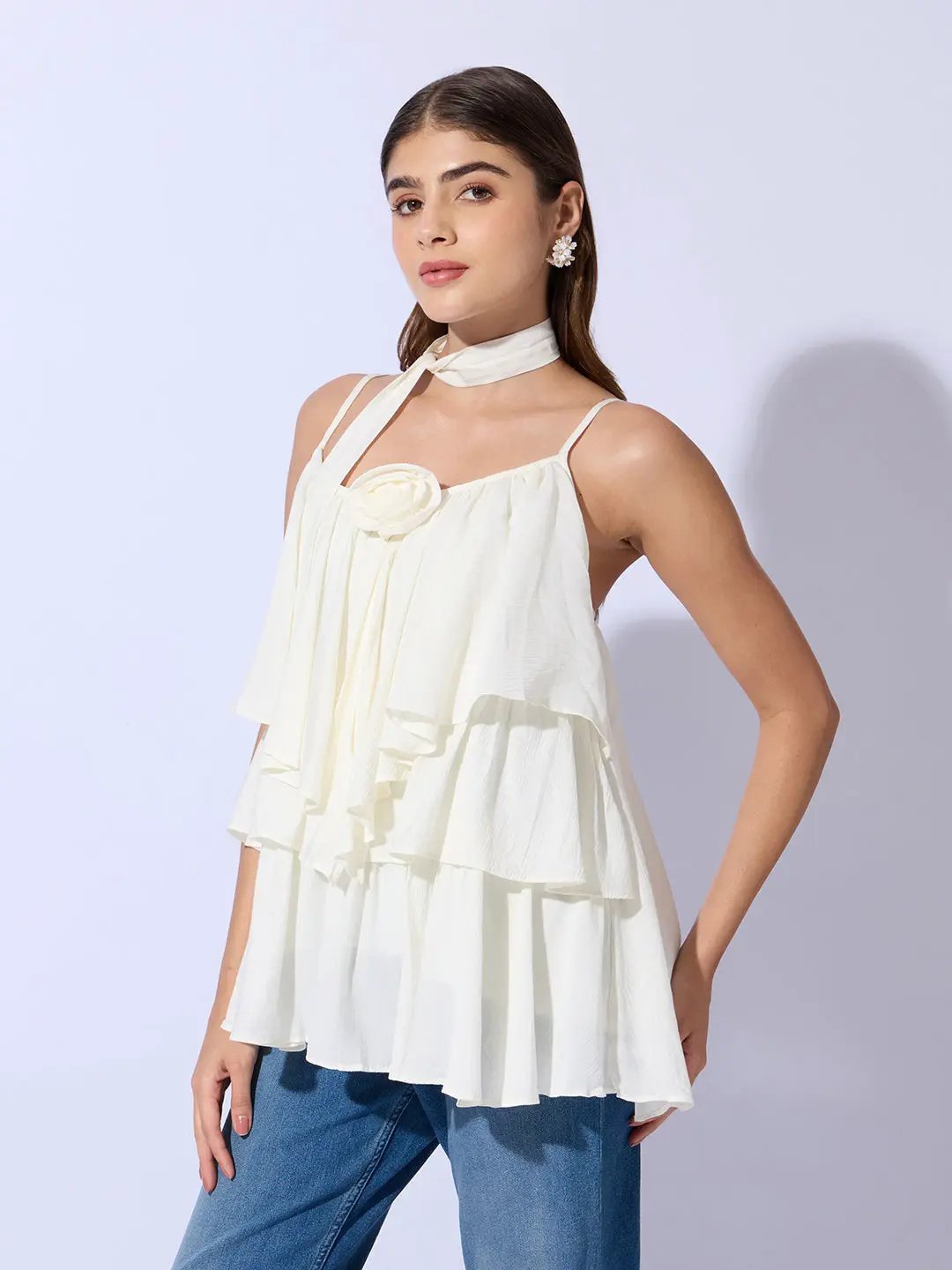 Women's Cream Layered Ruffle Top with Scarf Tie