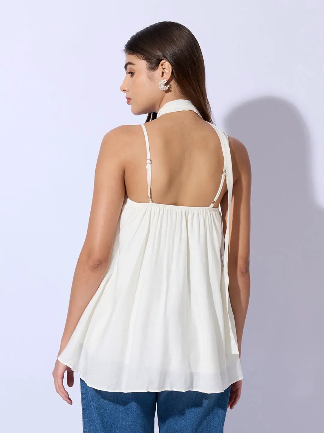 Women's Cream Layered Ruffle Top with Scarf Tie