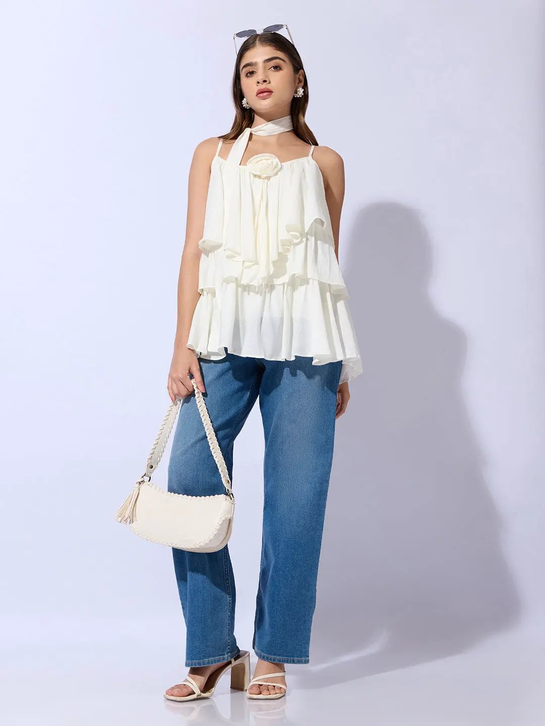 Women's Cream Layered Ruffle Top with Scarf Tie