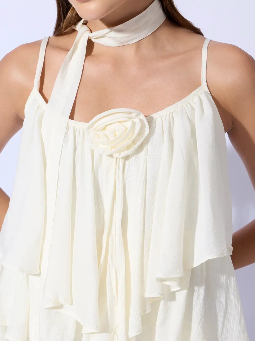 Women's Cream Layered Ruffle Top with Scarf Tie