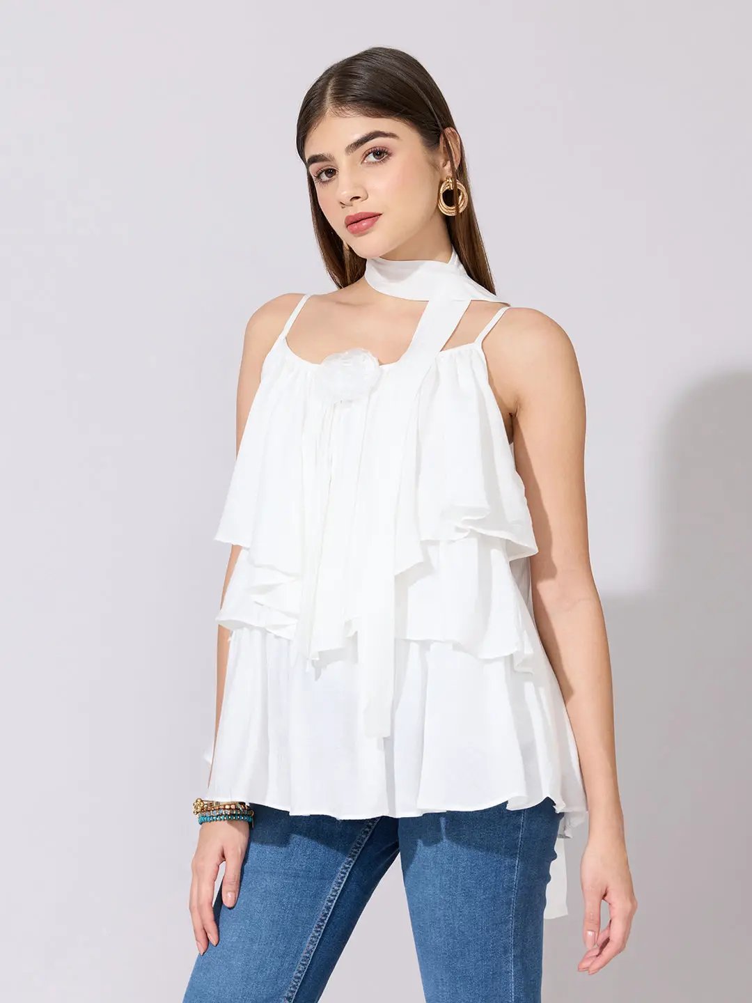 Women's White Layered Ruffle Top with Scarf Tie - from SHOWOFFFF